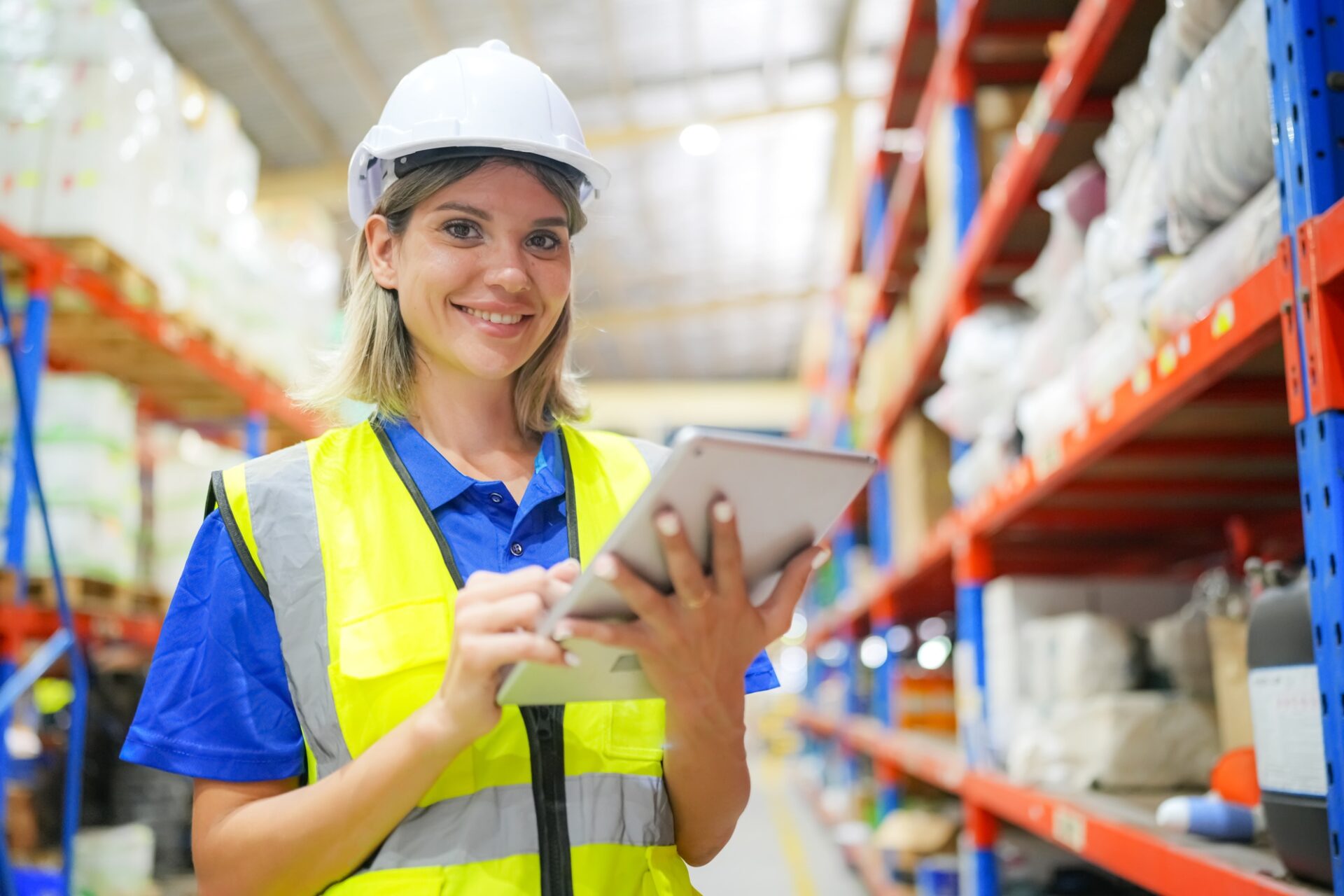 Warehouse female worker checking up stuff in a warehouse.